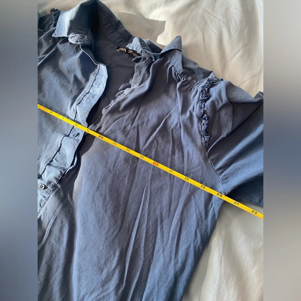 Zara Dusty Blue Prairie Shirt Dress Small Cottagecore Boho Button Front - Picture 8 of 8